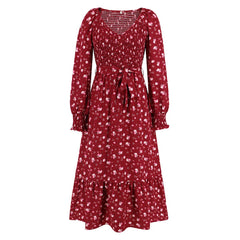 Slimming Bubble Long Sleeve Floral Long Dress for Women Red