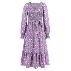 Slimming Bubble Long Sleeve Floral Long Dress for Women Purple