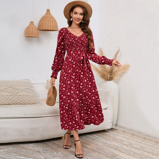 Slimming Bubble Long Sleeve Floral Long Dress for Women Blue