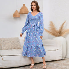 Slimming Bubble Long Sleeve Floral Long Dress for Women Blue