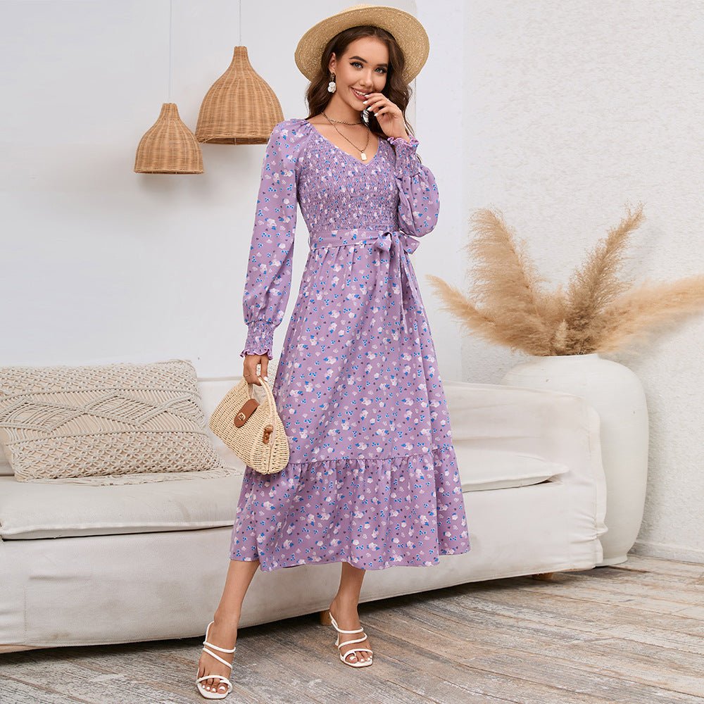 Slimming Bubble Long Sleeve Floral Long Dress for Women Blue