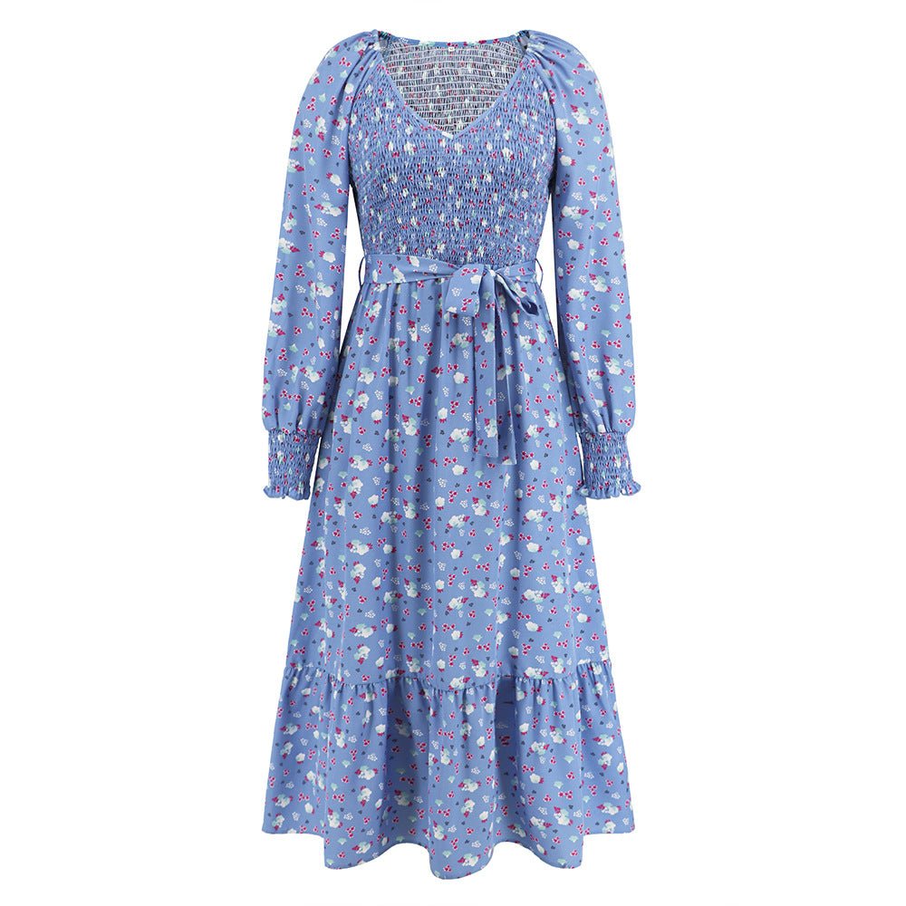 Slimming Bubble Long Sleeve Floral Long Dress for Women Blue