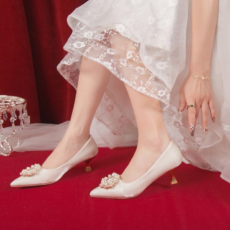 Slip - on Bridesmaid Flats Fairy Style Stiletto Heel for Wedding dresses Beige Chunky Heel