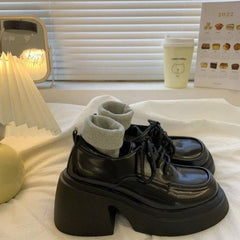 Small Leather Shoes Black High Heel Women's Chunky Heel Platform Beige