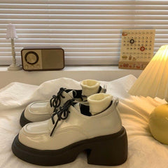Small Leather Shoes Black High Heel Women's Chunky Heel Platform Beige