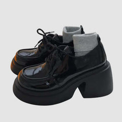 Small Leather Shoes Black High Heel Women's Chunky Heel Platform Black