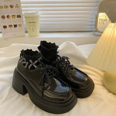 Small Leather Shoes Black High Heel Women's Chunky Heel Platform Beige