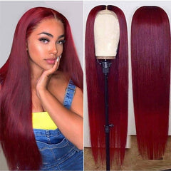 Smooth Long Straight Hair Front Lace Wig Full Headgear Wine Red