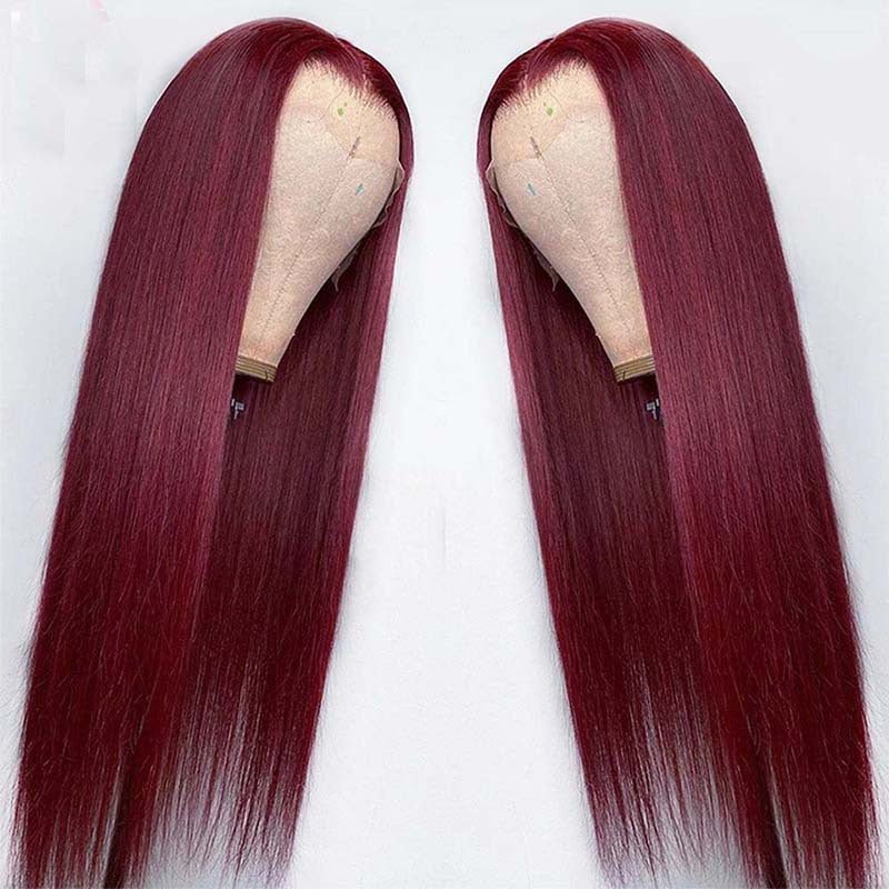 Smooth Long Straight Hair Front Lace Wig Full Headgear Wine Red