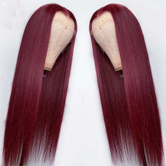 Smooth Long Straight Hair Front Lace Wig Full Headgear Wine Red