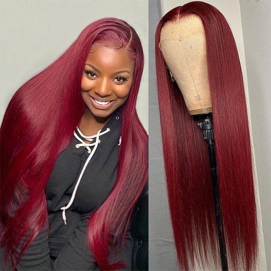 Smooth Long Straight Hair Front Lace Wig Full Headgear Wine Red