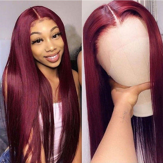 Smooth Long Straight Hair Front Lace Wig Full Headgear Wine Red