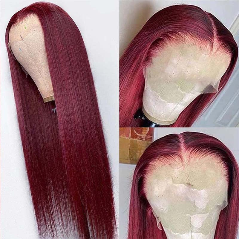 Smooth Long Straight Hair Front Lace Wig Full Headgear Wine Red