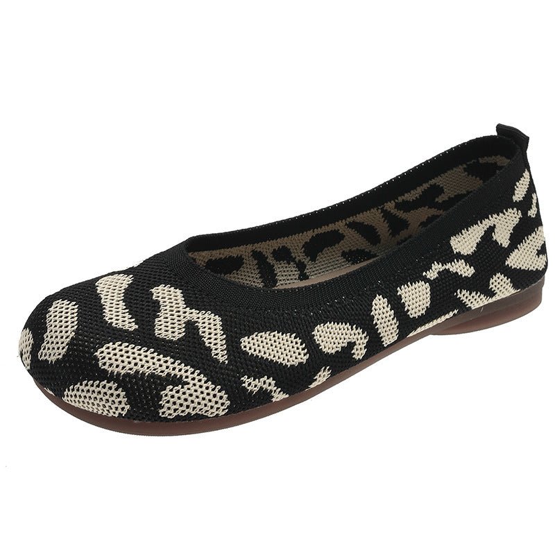 Soft Bottom Pumps Women's Knitted Woven Low - cut Flat Shoes Black Cows Pattern