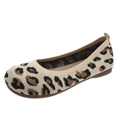 Soft Bottom Pumps Women's Knitted Woven Low - cut Flat Shoes Leopard Print