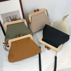 Soft Leather Assembling Wooden Clip Clutch Handbag Brown