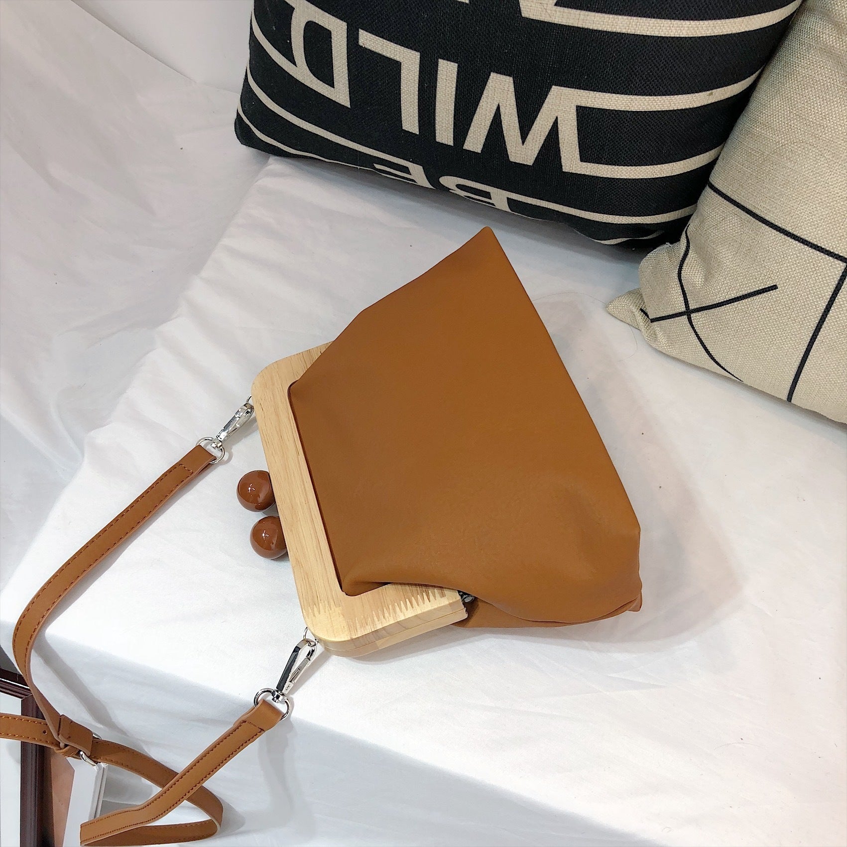 Soft Leather Assembling Wooden Clip Clutch Handbag Brown