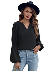 Solid Color And V - neck Loose Casual Women's Top Black