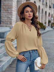 Solid Color And V - neck Loose Casual Women's Top Khaki