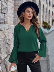 Solid Color And V - neck Loose Casual Women's Top Green