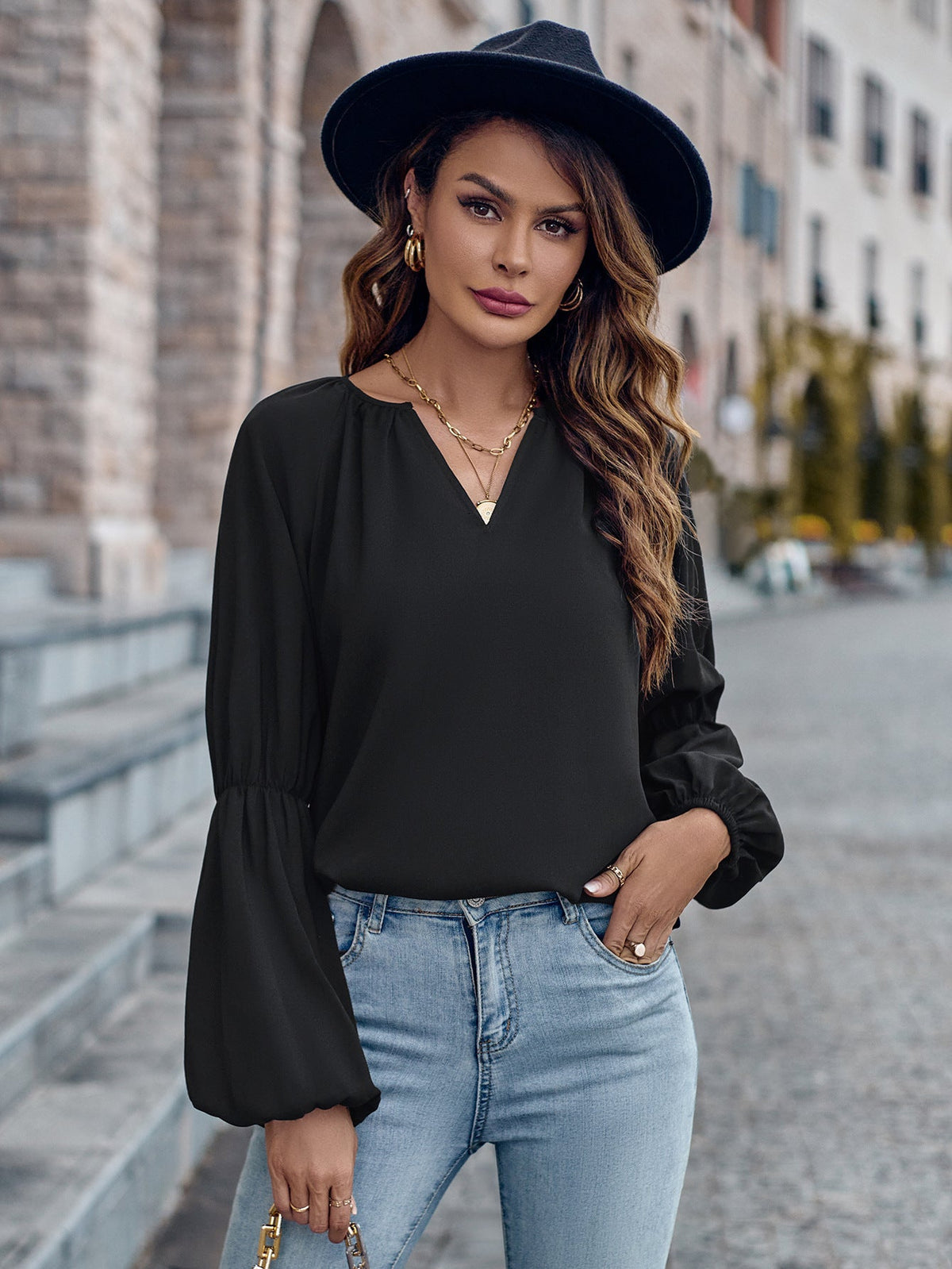 Solid Color And V - neck Loose Casual Women's Top Black