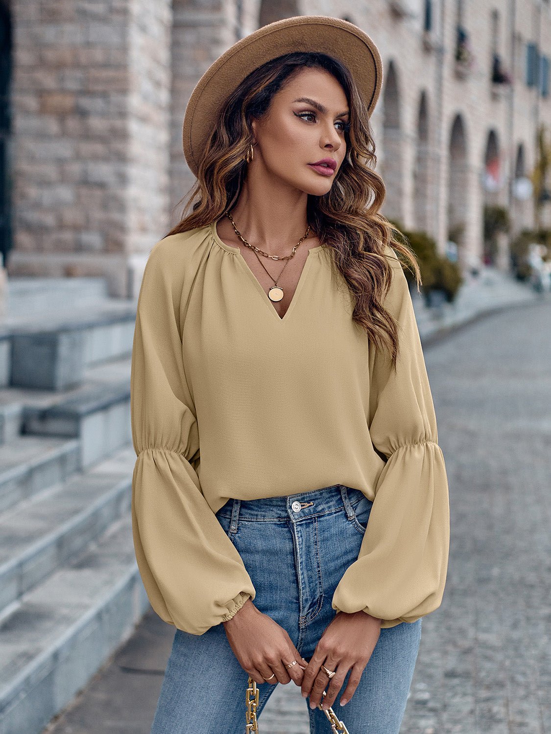 Solid Color And V - neck Loose Casual Women's Top Khaki