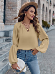 Solid Color And V - neck Loose Casual Women's Top Khaki