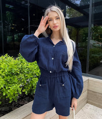 Solid Color High Waist Long Sleeve Jumpsuit S