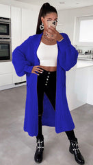 Solid Color Knitwear Pocket Cardigan Mid - length Sweater Women's Coat Sapphire Blue