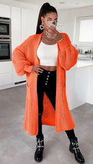 Solid Color Knitwear Pocket Cardigan Mid - length Sweater Women's Coat Orange