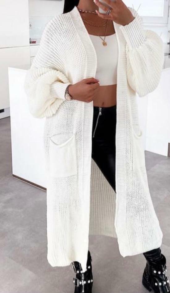 Solid Color Knitwear Pocket Cardigan Mid - length Sweater Women's Coat White