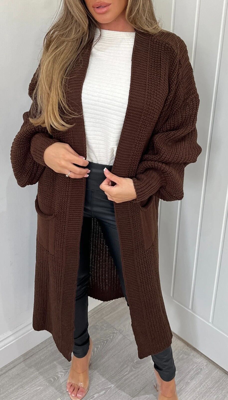 Solid Color Knitwear Pocket Cardigan Mid - length Sweater Women's Coat Coffee