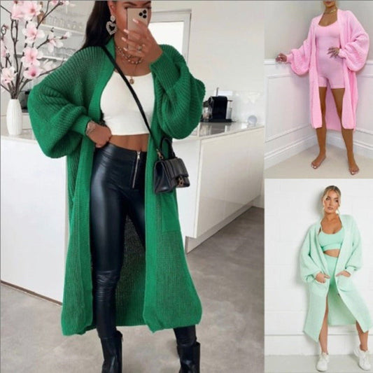 Solid Color Knitwear Pocket Cardigan Mid - length Sweater Women's Coat Bean Green