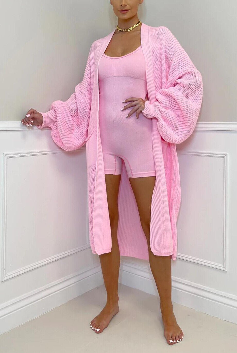 Solid Color Knitwear Pocket Cardigan Mid - length Sweater Women's Coat Pink