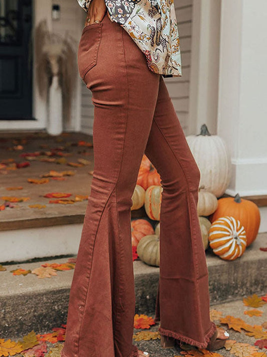 Solid Color Pocket Button High Waist Denim Skinny Jeans Reddish Brown