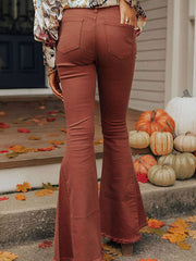 Solid Color Pocket Button High Waist Denim Skinny Jeans Reddish Brown