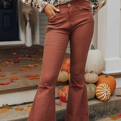 Solid Color Pocket Button High Waist Denim Skinny Jeans Reddish Brown