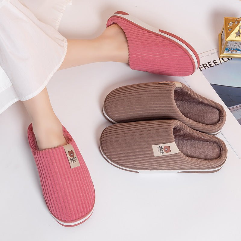 Solid Color Striped Slippers For Women Anti - slip Home Shoes Couple Coffee