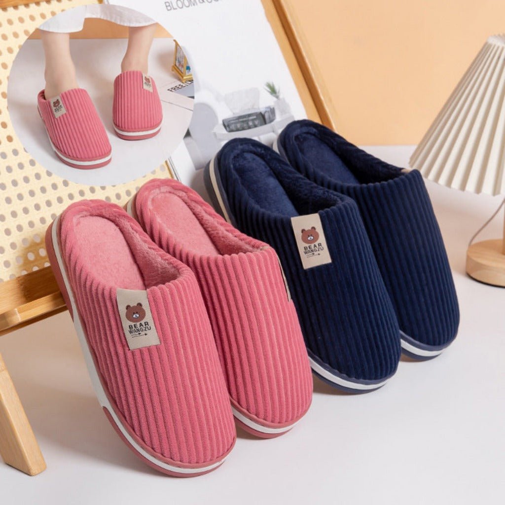 Solid Color Striped Slippers For Women Anti - slip Home Shoes Couple Coffee