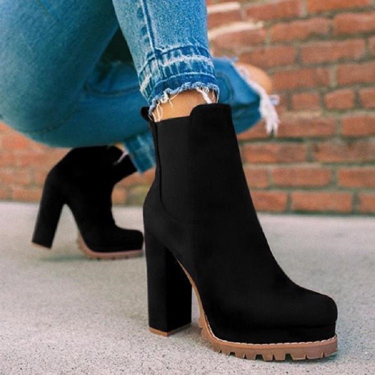 Solid Leopard Print Thick Square High Heel Shoes Black