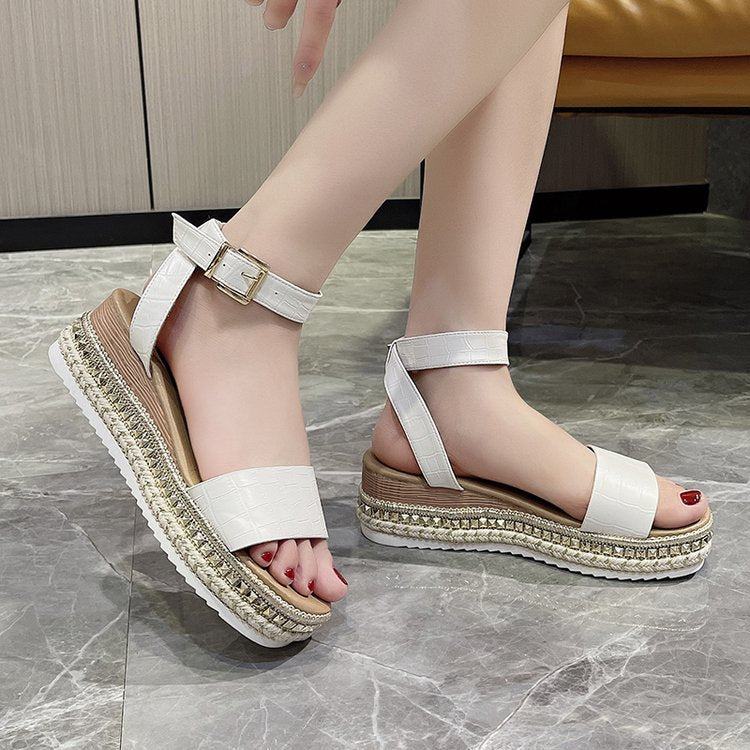 Spring And Summer Women's Trendy Rope Bottom Platform Wedge Sandals Black Gold