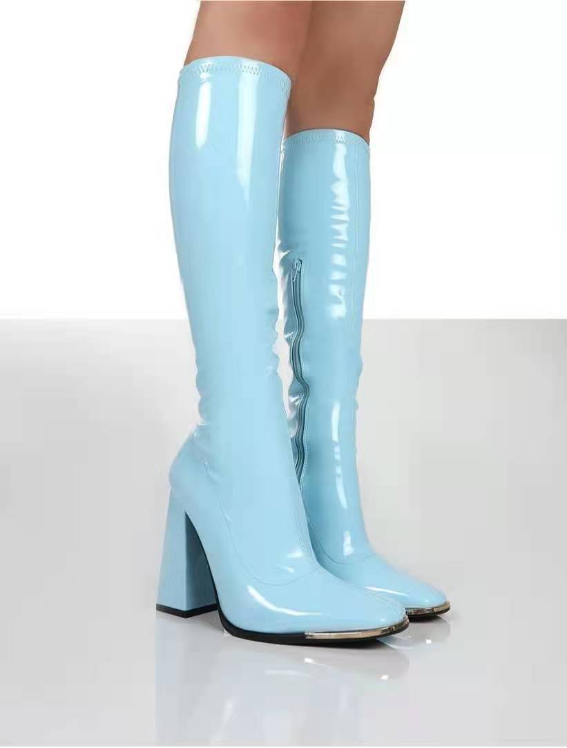 Square Toe Chunky Heel Bright Leather Plus Size Side Zip Mid Boots White
