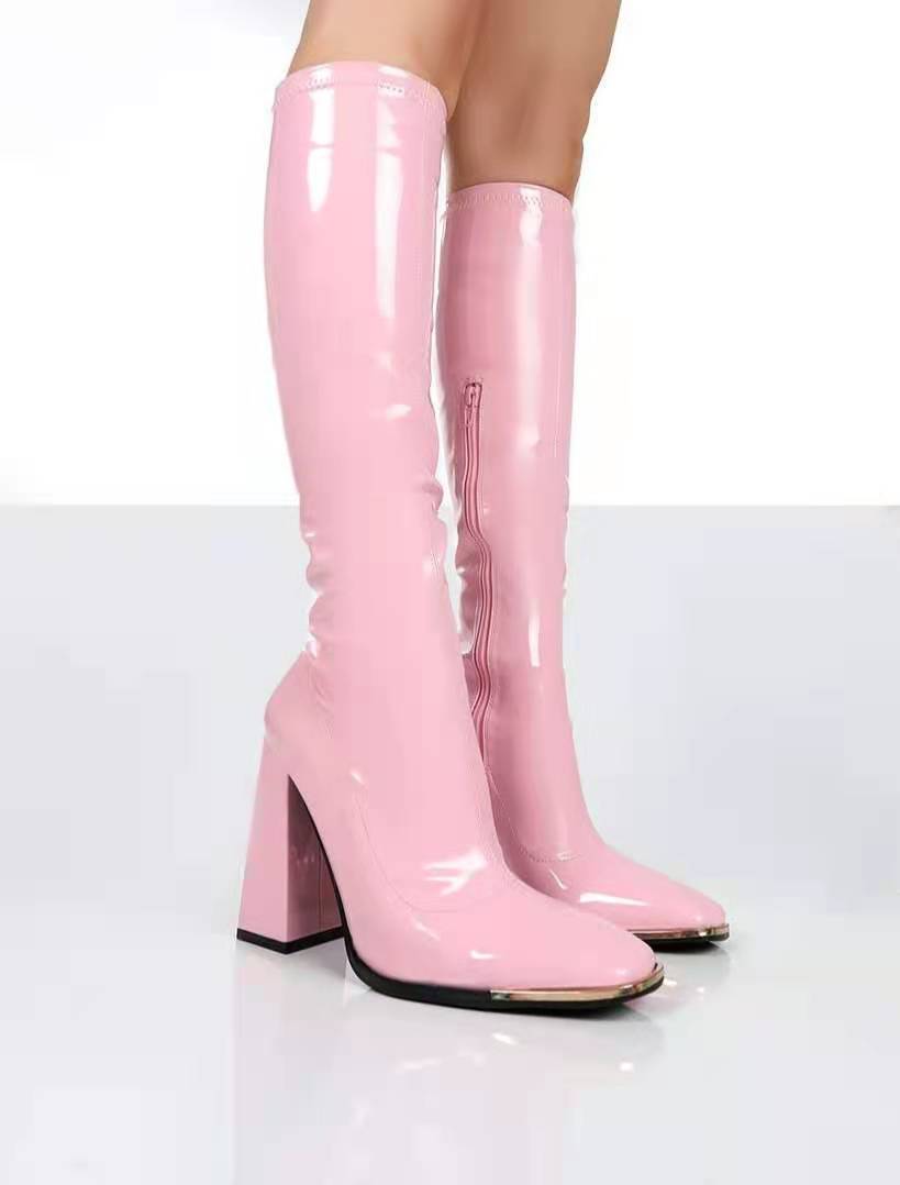 Square Toe Chunky Heel Bright Leather Plus Size Side Zip Mid Boots Pink