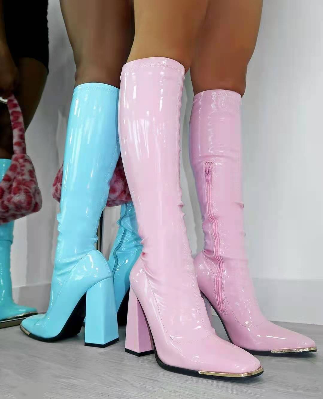 Square Toe Chunky Heel Bright Leather Plus Size Side Zip Mid Boots White