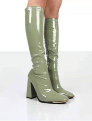 Square Toe Chunky Heel Bright Leather Plus Size Side Zip Mid Boots White