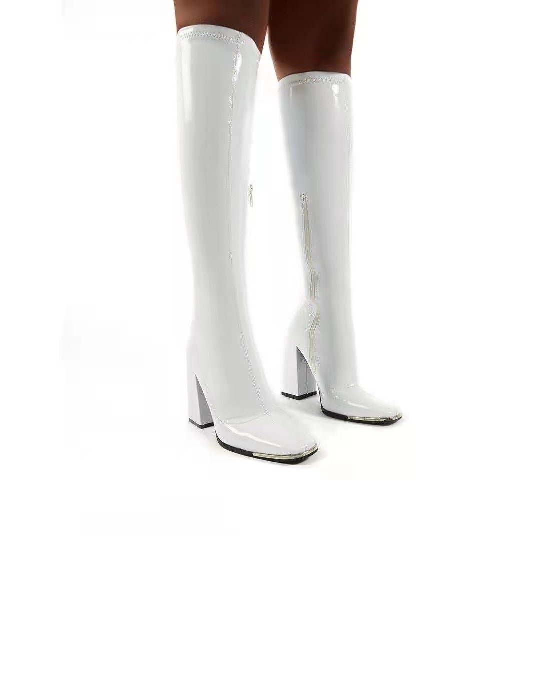 Square Toe Chunky Heel Bright Leather Plus Size Side Zip Mid Boots White