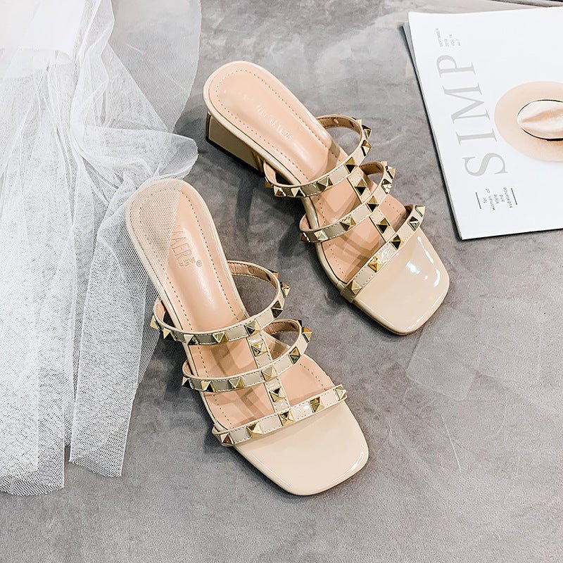 Square toe chunky heel shoes Apricot