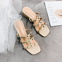 Square toe chunky heel shoes Apricot