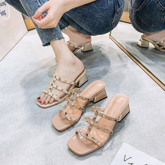 Square toe chunky heel shoes Apricot