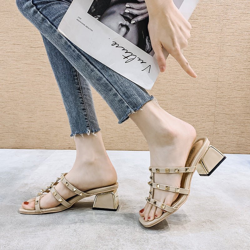 Square toe chunky heel shoes Apricot